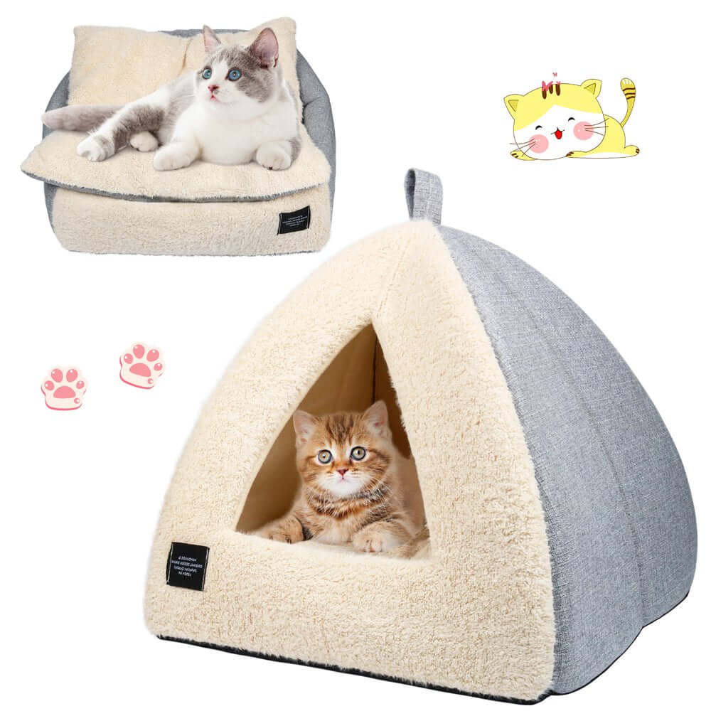 Cozy cat cave bed featuring a triangular entrance, soft cushion, and playful kittens enjoying their hideaway.