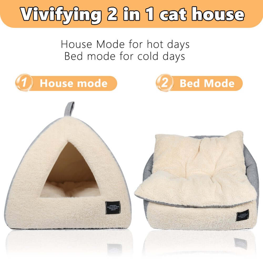 Vivifying 2-in-1 cat house in house and bed modes, featuring soft cushions and a cozy design for indoor cats.