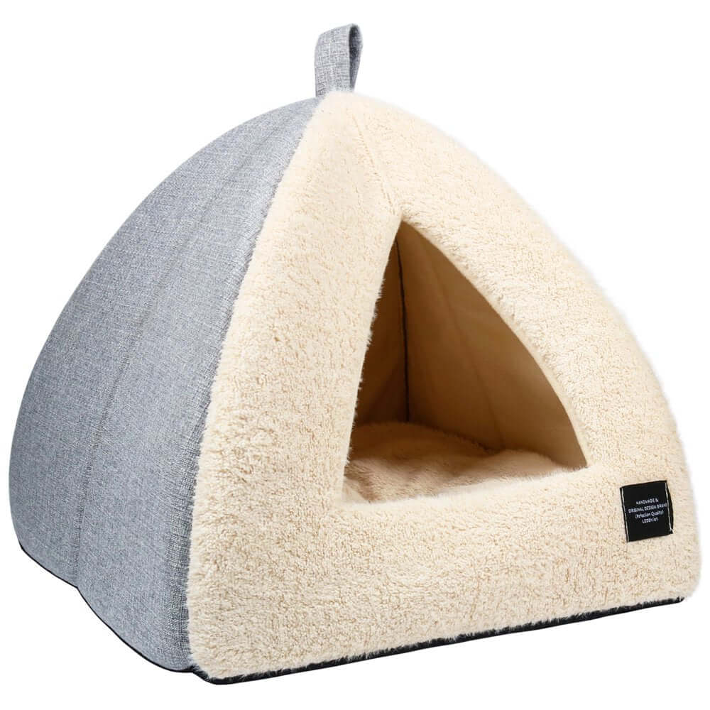 Soft triangular cat bed cave in silver gray and cream, perfect for indoor cats to hide and sleep comfortably.