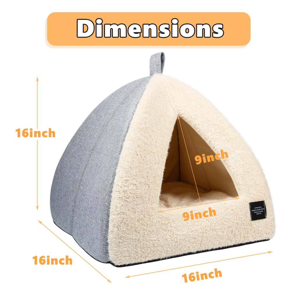 Dimensions of a triangular cat bed showing 16 inch height and 9 inch entrance.