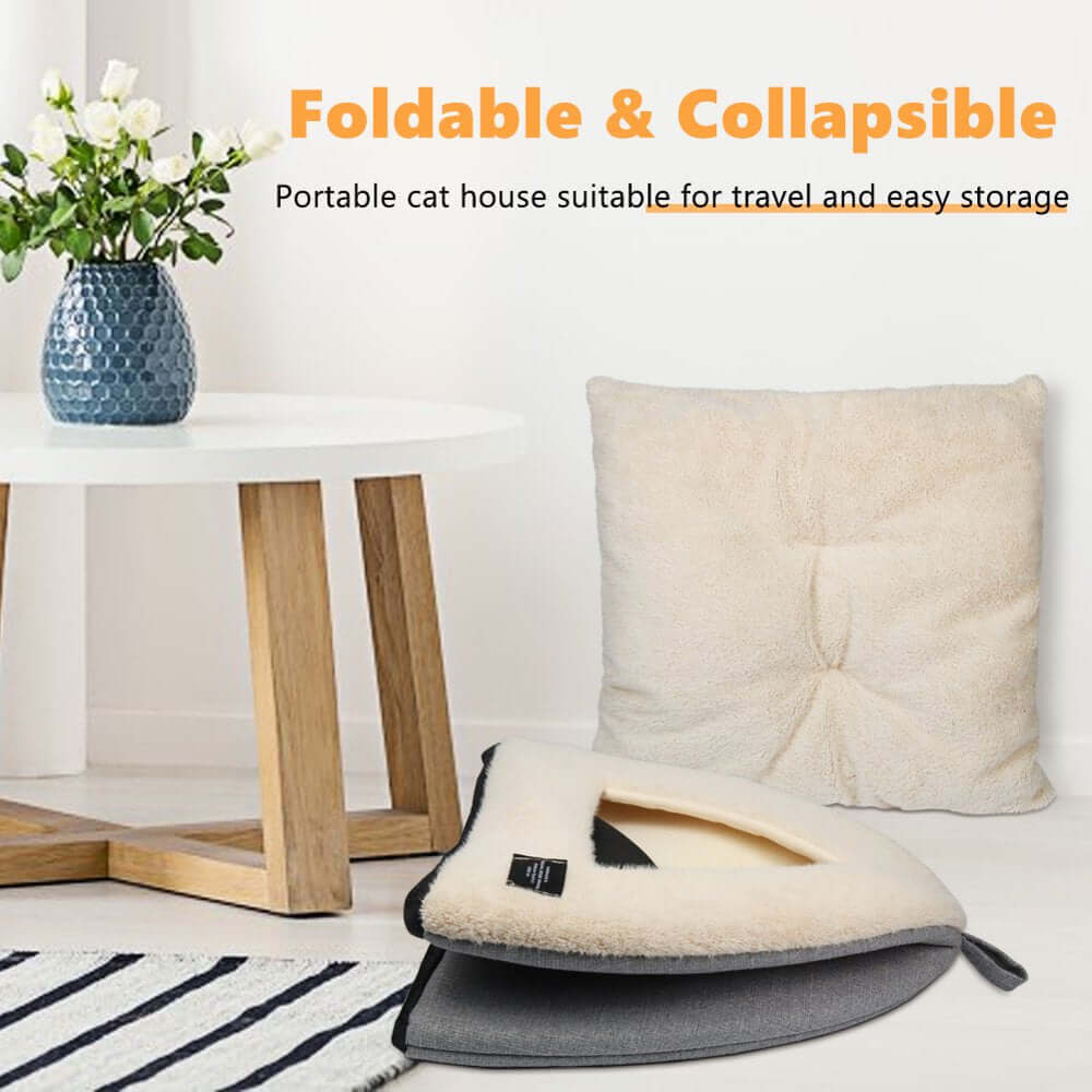 Foldable and collapsible portable cat house, ideal for travel and easy storage, featuring a cozy cushioned design.