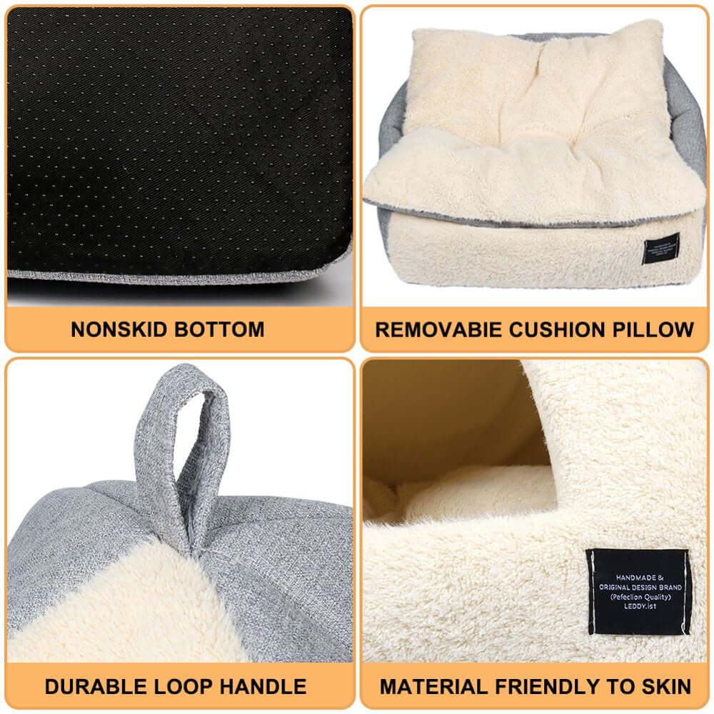 Collage of cat bed features: nonskid bottom, removable cushion pillow, durable loop handle, skin-friendly material