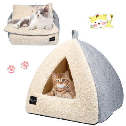 Cozy cat cave bed featuring a triangular entrance, soft cushion, and playful kittens enjoying their hideaway.