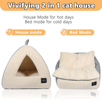 Vivifying 2-in-1 cat house in house and bed modes, featuring soft cushions and a cozy design for indoor cats.