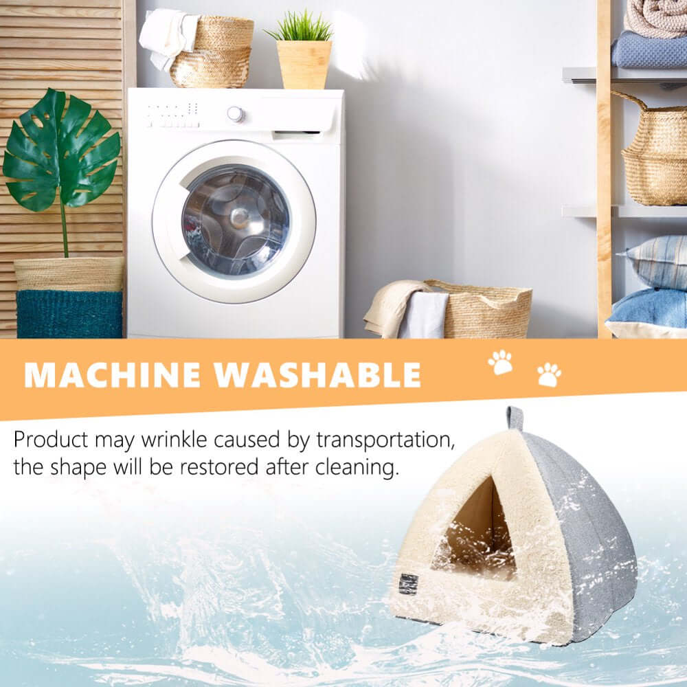 Machine washable cat bed in a modern laundry room setting, showcasing its easy-care features and cave-like design.