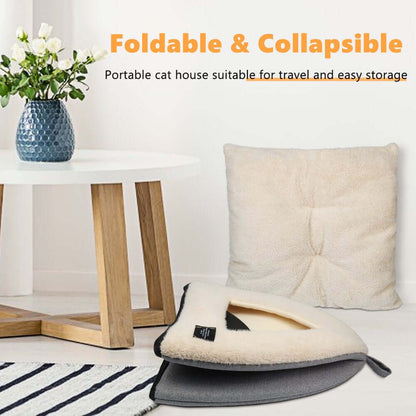 Foldable and collapsible portable cat house, ideal for travel and easy storage, featuring a cozy cushioned design.